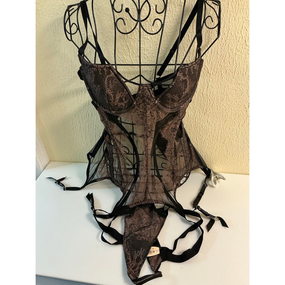 NWT Brown Lace Merry Widow Garter Slip + Panty Set 36D- Sheer Seduction!